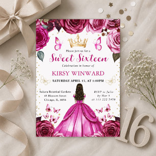 Invitación Vestido Rosa Fuerte Morena Princesa Dulces 16