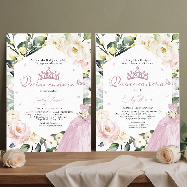 Invitación Vestido rosa Mariposa Floral Quinceañera Bilingual (Subido por el creador)