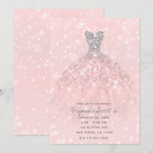 Invitación Vestido Rosa Melocotón Plateado Brillo Destello Du
