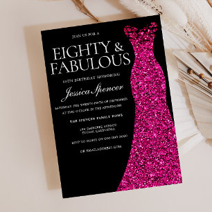 Invitación Vestido rosa Ochenta y fabuloso 80 cumpleaños negr