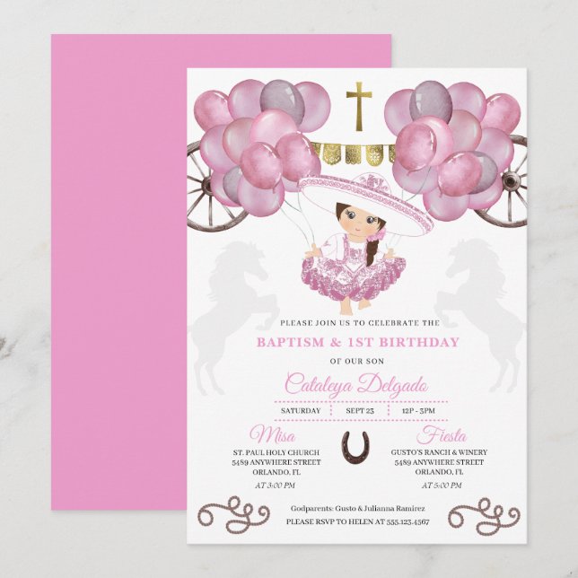 Invitación Vestido rosa Oro Bebé Charra Globos Bautismo (Anverso / Reverso)