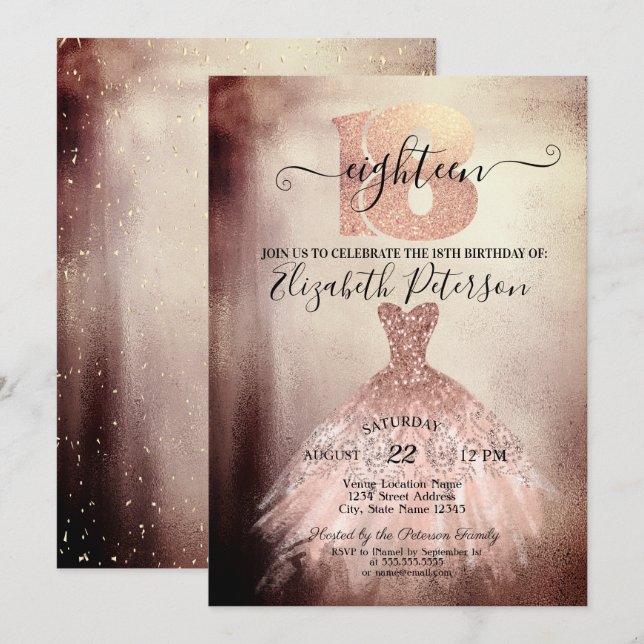 Invitación Vestido Rosa Oro Chic Confeti 18 Cumpleaños (Anverso / Reverso)