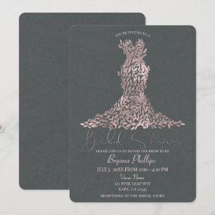 Invitación Vestido Rosa Oro y Hojas Grises Bridal Shower