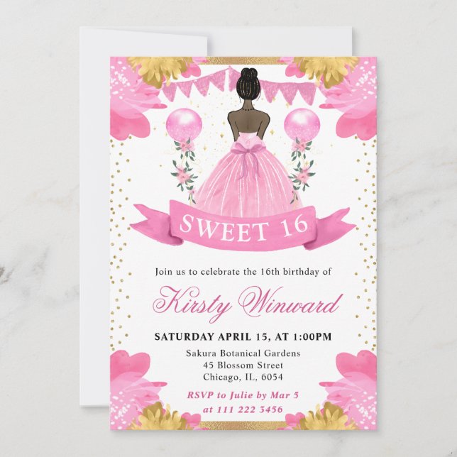 Invitación Vestido rosa Piel oscura Princesa Dulce 16 (Anverso)