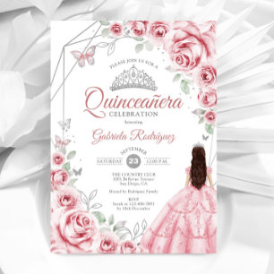 Invitación Vestido Rosa Plateado Quinceañera Floral