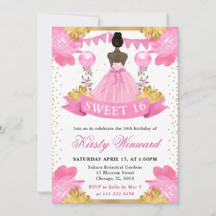 Invitación Vestido Rosa Princesa De Piel Oscura Cumple 16