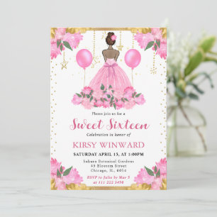 Invitación Vestido Rosa Princesa Piel Oscura Dulces 16