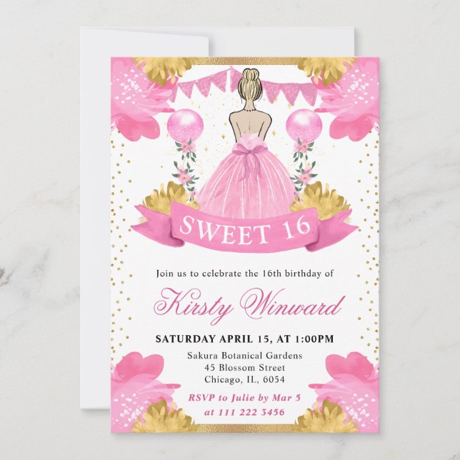 Invitación Vestido Rosa Princesa Rubia Dulce 16 (Anverso)