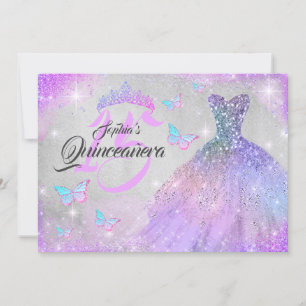 Invitación Vestido Rosa Purpura Brillante Arcoiris Quinceaner