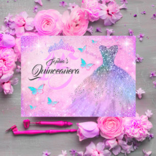 Invitación Vestido Rosa Purpura Verde Esmeralda con Brillo Qu