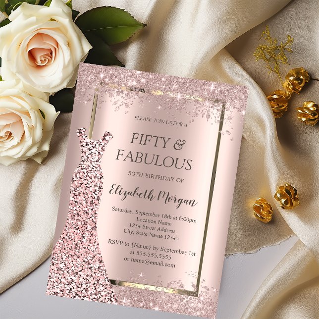 Invitación Vestido Rosa Purpurina de oro Confetti 50 cumpleañ (Subido por el creador)
