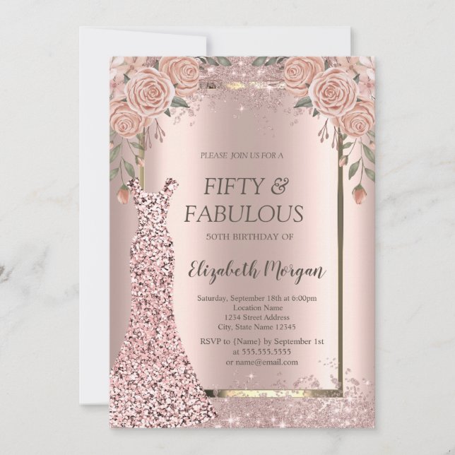Invitación Vestido Rosa Purpurina de oro Flores de Confetti 5 (Anverso)