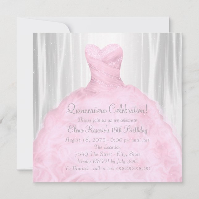 Invitación Vestido rosa Rubor Elegante Quinceañera Rosa (Anverso)
