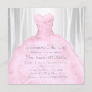 Invitación Vestido rosa Rubor Elegante Quinceañera Rosa