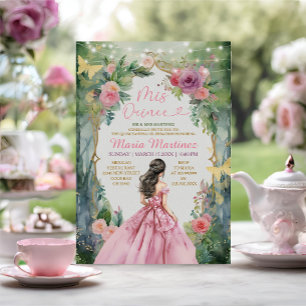 Invitación Vestido rosa Rubor Floral Princesa Oro Mis Quince