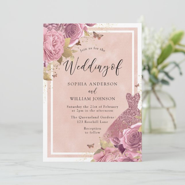 Invitación Vestido rosa Rubor mágico y Boda floral (Anverso de pie)