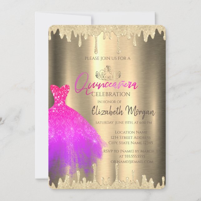 Invitación Vestido rosa, tiara, Purpurina gotea quinceañera d (Anverso)