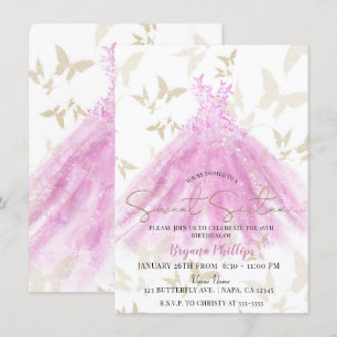 Invitación Vestido Rosa y Dorado Baile de Mariposa Sweet 16
