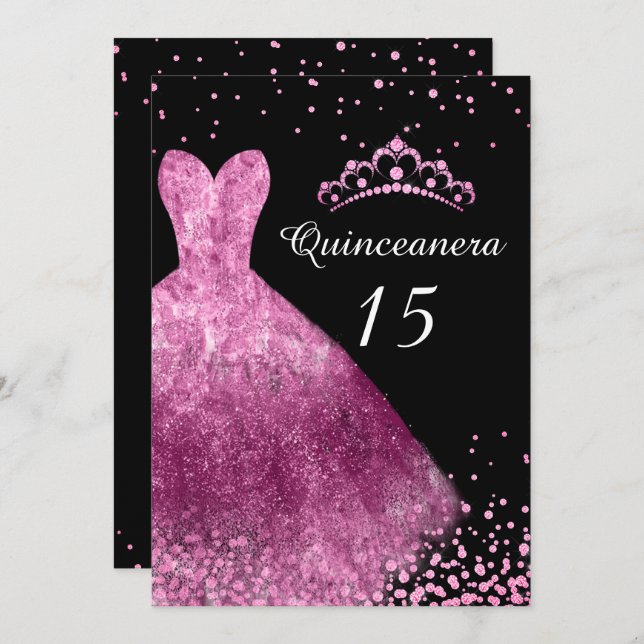 Invitación Vestido rosa y fiesta de cumpleaños número 15 de l (Anverso / Reverso)