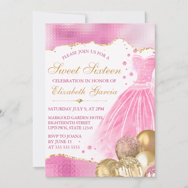 Invitación Vestido Rosa y Globos Dorados con Brillo Dulces 16 (Anverso)