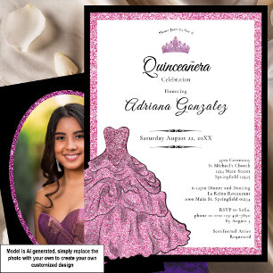 Invitación Vestido Rosa y Tiara Foto Personalizada Quinceañer