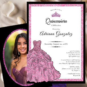 Invitación Vestido Rosa y Tiara Foto Personalizada Quinceañer