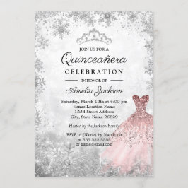 Invitación Vestido rosado plateado Snowflakes Invierno Quince