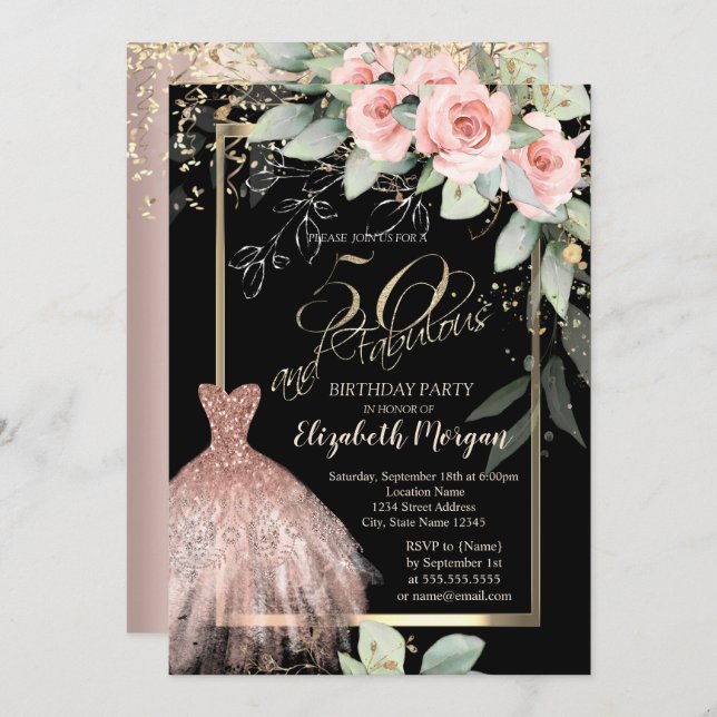 Invitación Vestido, Rosas de Confetti Rosa Oro 50 cumpleaños (Anverso / Reverso)