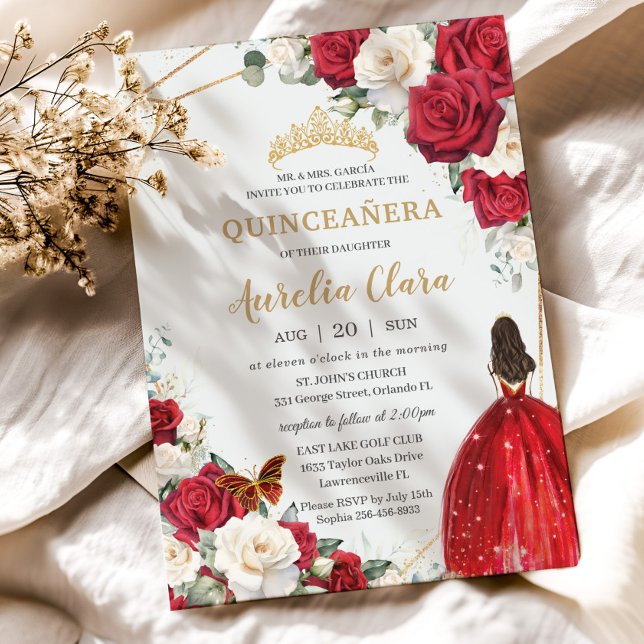 Invitación Vestido Roses Blancos Chica Floral Oro Quinceañera (red and white roses floral flowers quinceanera invitation cards brunette girl red dress)