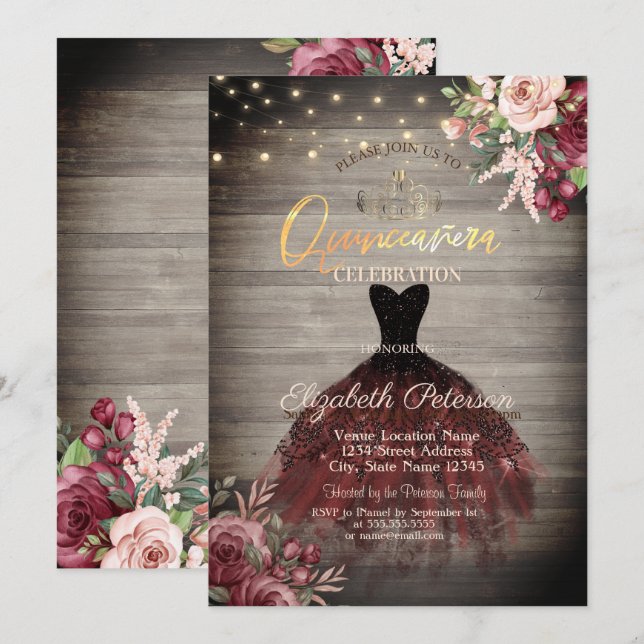 Invitación Vestido Rústico, Tiara, Luces Rosas Madera Quincea (Anverso / Reverso)