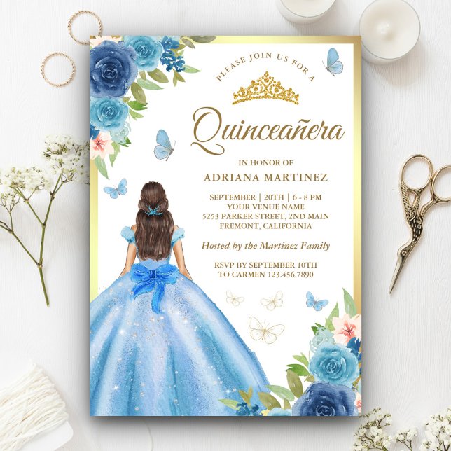 Invitación Vestido suave azul floral mariposa dorado Quincean (Subido por el creador)