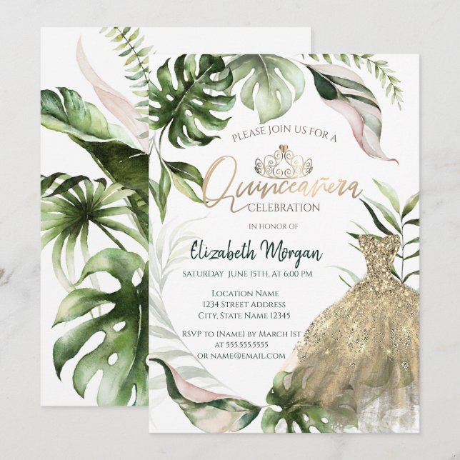 Invitación Vestido Tara de oro Sale Tropical Quinceañera (Anverso / Reverso)