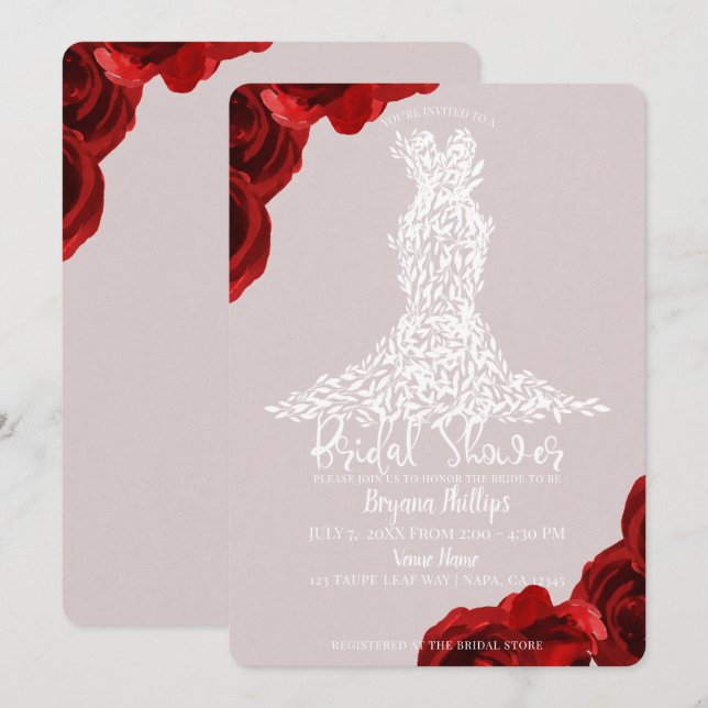 Invitación Vestido Taupe Rosas Rojas Hojas Blancas Despedida  (Anverso / Reverso)