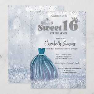 Invitación Vestido, Tiara Confeti Princesa Bokeh Sweet 16