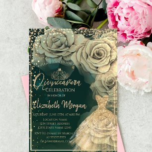 Invitación Vestido Tiara de Oro, Rosas de Diamantes Quinceañe