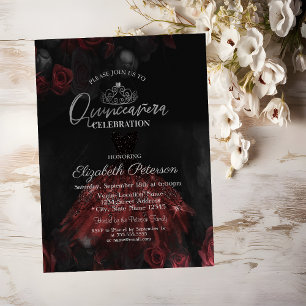 Invitación Vestido, Tiara de Plata, Rosas Rojas Quinceañera