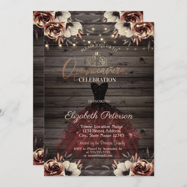 Invitación Vestido, Tiara, Luz Rojas Madera Quinceañera (Anverso / Reverso)