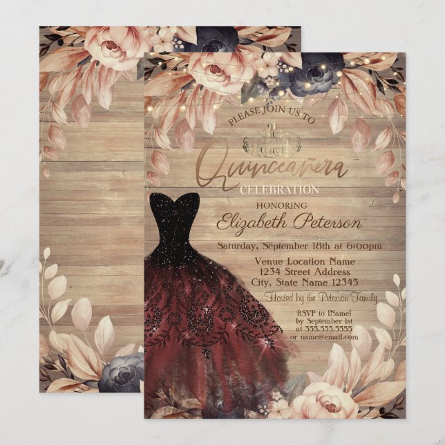 Invitación Vestido, Tiara, Rosas azul maderero Quinceañera (Anverso / Reverso)