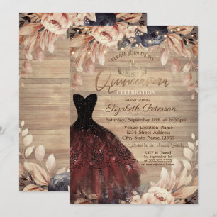 Invitación Vestido, Tiara, Rosas azul maderero Quinceañera