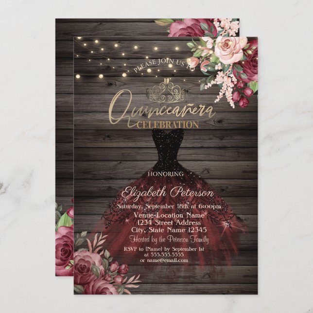 Invitación Vestido, Tiara, Rosas Luces, Quinceañera Madera (Anverso / Reverso)