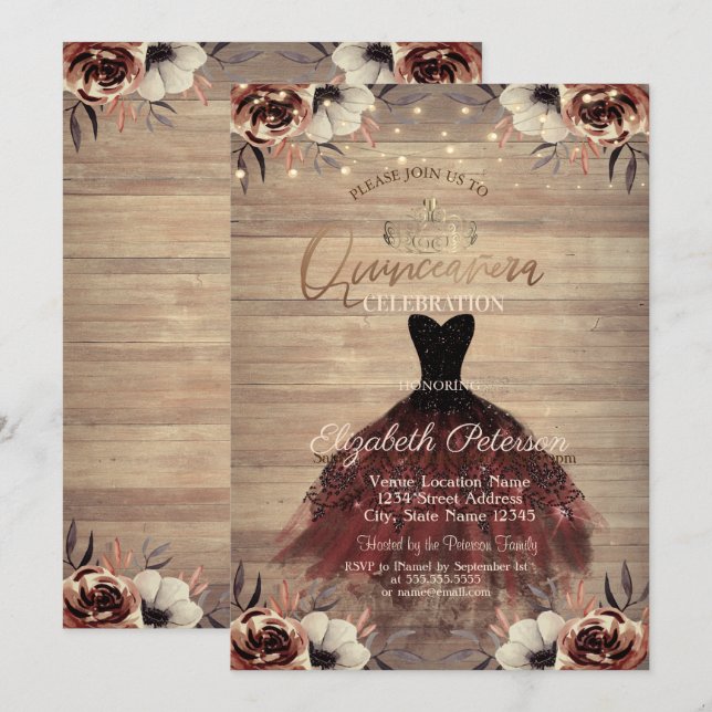 Invitación Vestido, Tiara, Rosas Luminosos Madera Quinceañera (Anverso / Reverso)