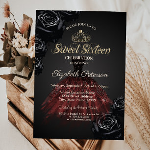 Invitación Vestido, Tiara, Rosas Negras Dulces 16