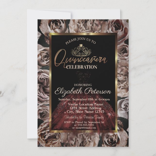Invitación Vestido, Tiara, Rosas oscuros Quinceañera (Anverso)