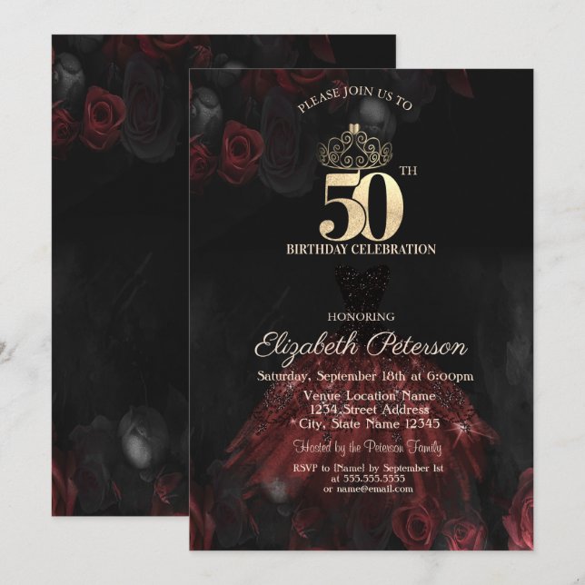 Invitación Vestido, Tiara, Rosas Rojas Cumpleaños 50 (Anverso / Reverso)
