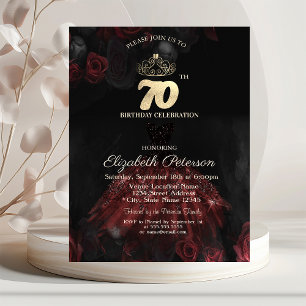 Invitación Vestido, Tiara, Rosas Rojas Cumpleaños 70