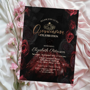 Invitación Vestido, Tiara, Rosas Rojas Elegantes Quinceañera