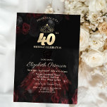 Invitación Vestido, Tiara, Roses Rojos 40 cumpleaños<br><div class="desc">Tiara dorada,  vestido elegante y rosas rojas sobre una textura negra. Perfecto para una elegante celebración del cumpleaños de las mujeres. Personaliza con tus propios detalles.</div>
