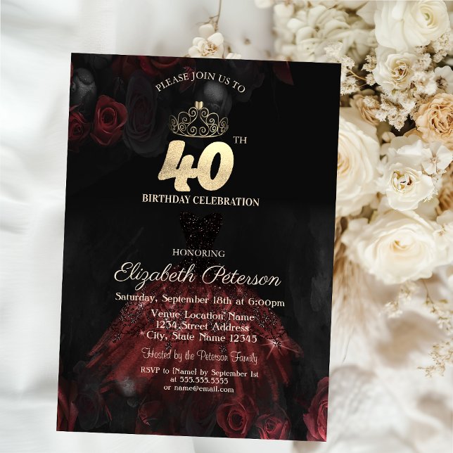 Invitación Vestido, Tiara, Roses Rojos 40 cumpleaños (Subido por el creador)