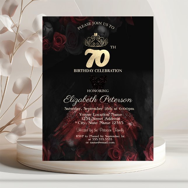 Invitación Vestido, Tiara, Roses Rojos 70 cumpleaños (Subido por el creador)