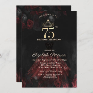 Invitación Vestido, Tiara, Roses Rojos 75 cumpleaños